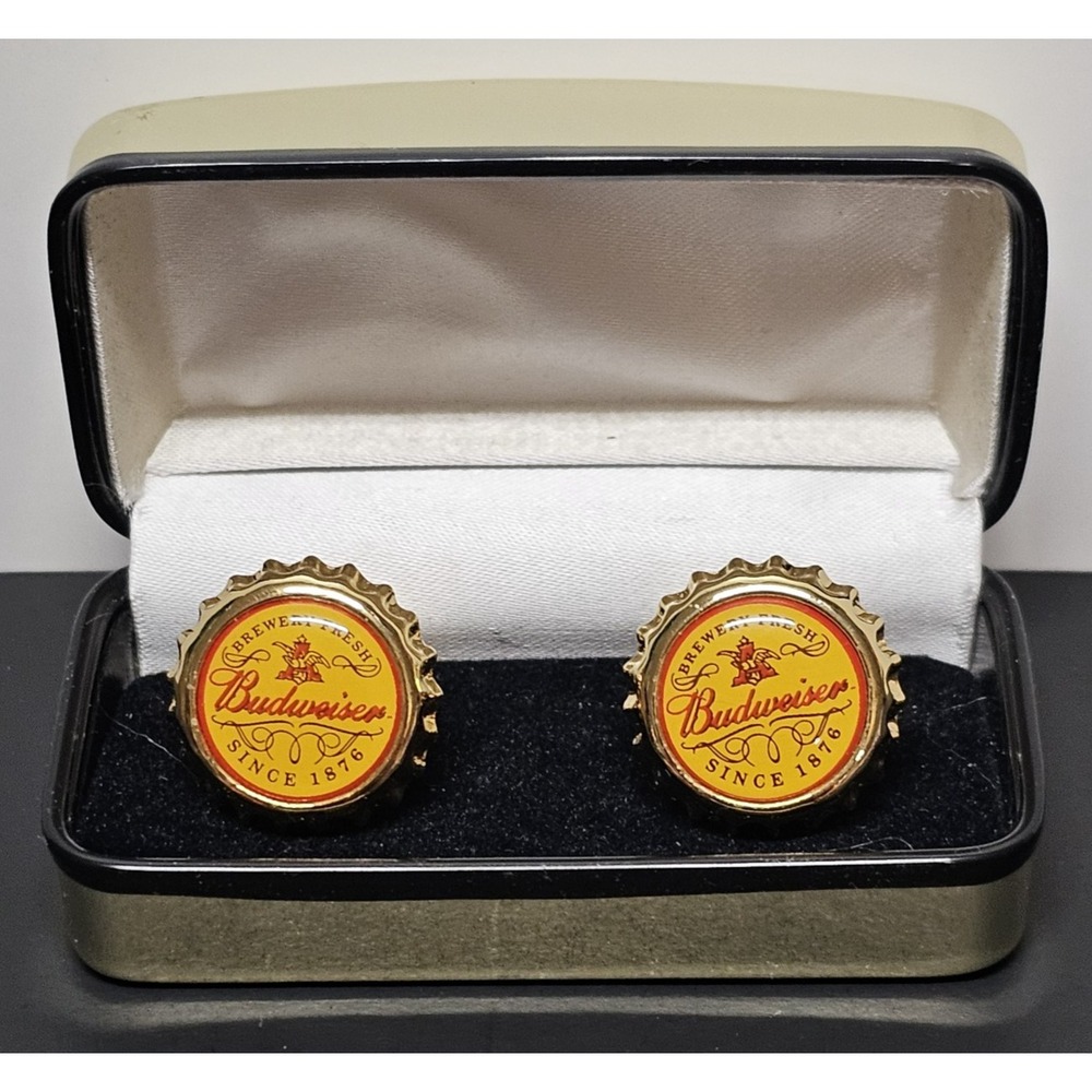 Budweiser Cuff Links Cufflinks Beer Bottle Caps Gold Toned Vintage